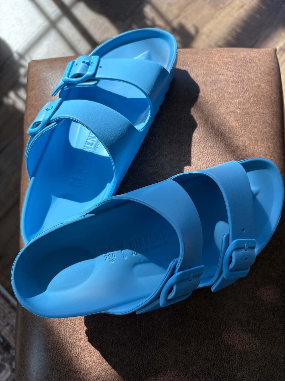Birkenstock Two-Strap EVA Slides in Bright Blue